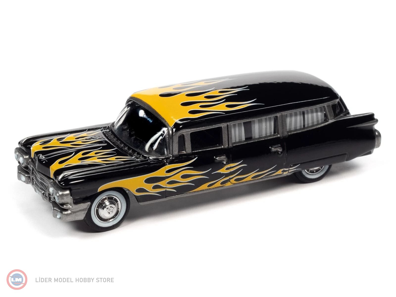 1:64 Johnny Lightning 1959 Cadillac Ambulance - Black With Flames