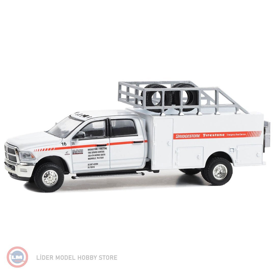 1:64 Greenlight 2018 Dodge Ram 3500 Tire Service Truck Firestone and Bridgestone Emergency Road Service Dually Drivers Series