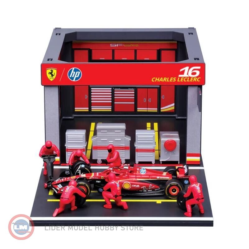 1:43 Burago Ferrari F1 SF-24 DIORAMA GARAGE PIT-STOP #16 CHARLES LECLERC