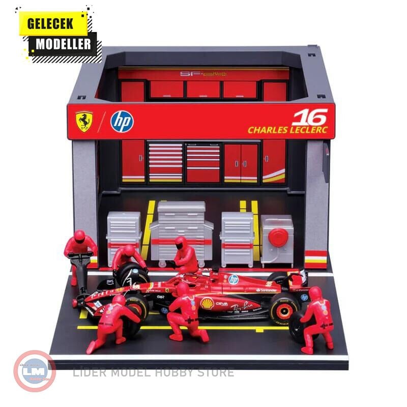 1:43 Burago Ferrari F1 SF-24 DIORAMA GARAGE PIT-STOP #16 CHARLES LECLERC