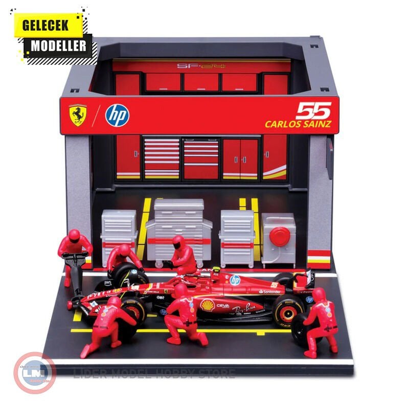 1:43 Burago Ferrari F1 SF-24 DIORAMA GARAGE PIT-STOP #55 CARLOS SAINZ