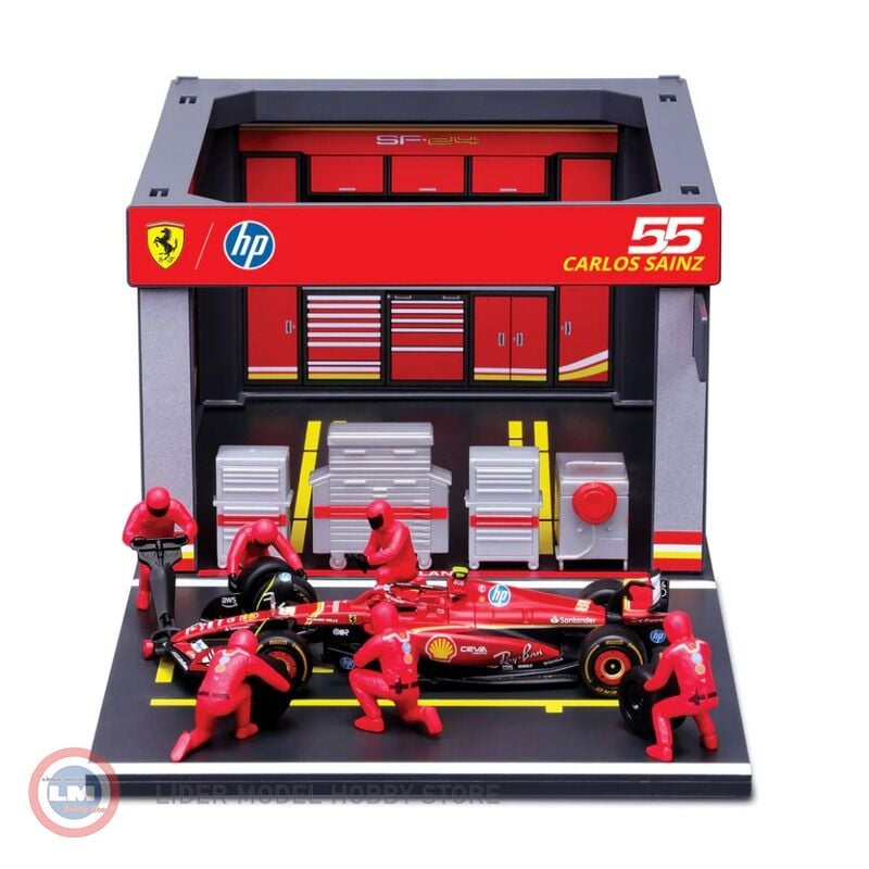 1:43 Burago Ferrari F1 SF-24 DIORAMA GARAGE PIT-STOP #55 CARLOS SAINZ