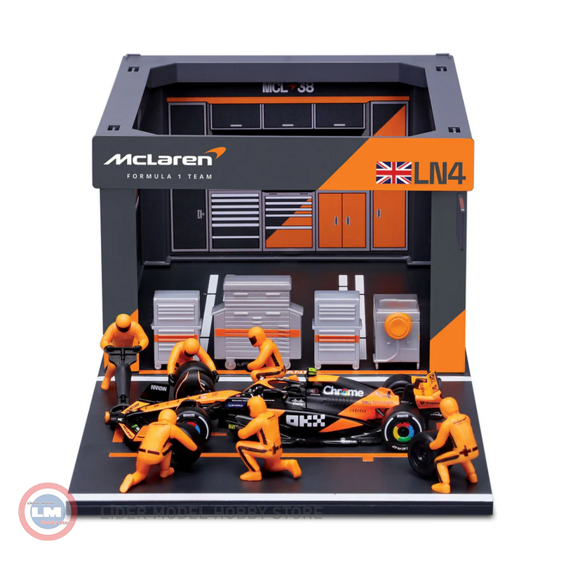 1:43 Burago McLaren Formula 1 MCL38 Diorama Garage Pit-Stop #4 2024 Lando Norris