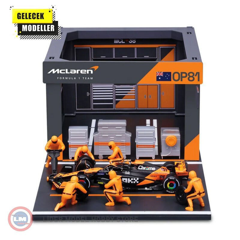 1:43 Burago McLaren Formula 1 MCL38 Diorama Garage Pit-Stop #81 2024 Oscar Piastri