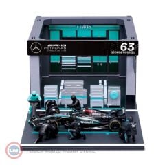 1:43 Burago Mercedes-Benz F1 W14 EQ PERFORMANCE DIORAMA GARAGE PIT-STOP #63 SEASON GEORGE RUSSELL