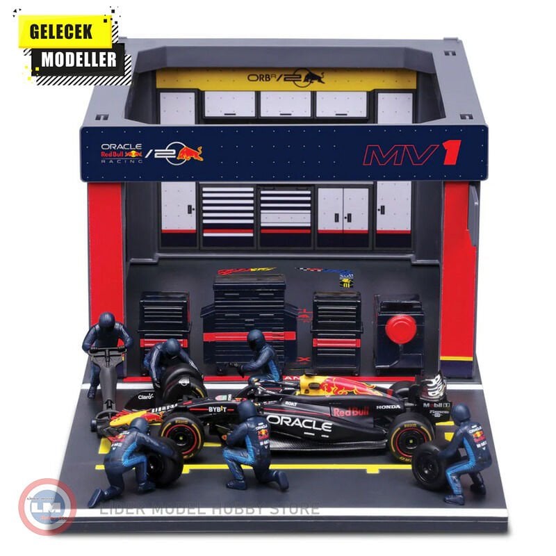 1:43 Burago Red Bull F1 RB19 DIORAMA GARAGE PIT-STOP #1 SEASON MAX VERSTAPPEN