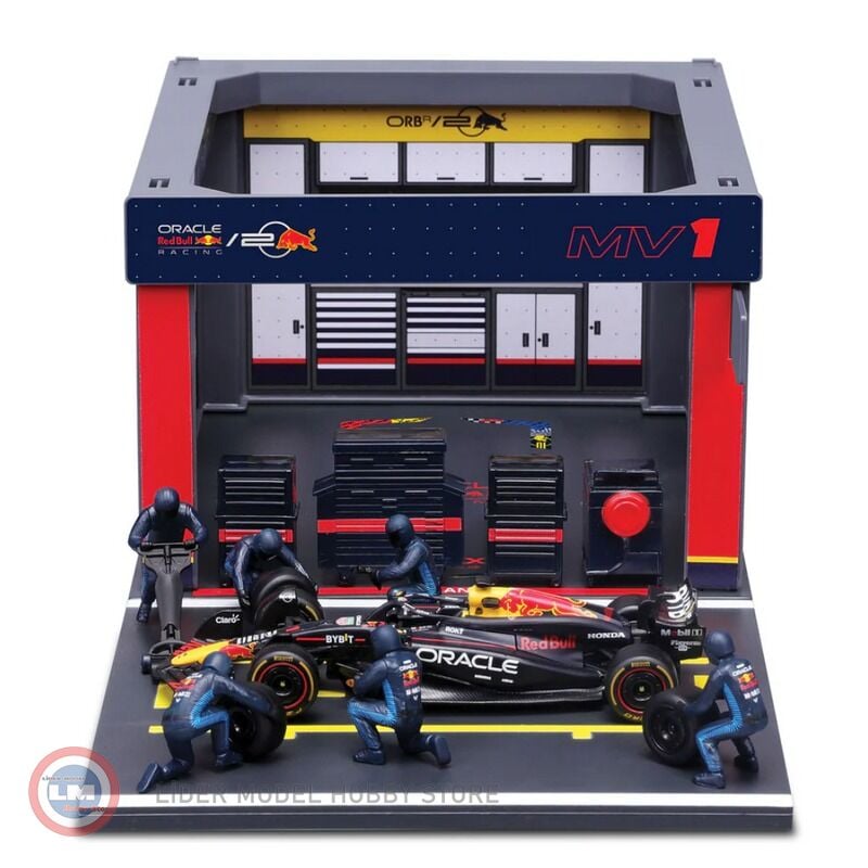 1:43 Burago Red Bull F1 RB20 DIORAMA GARAGE PIT-STOP #1 - MAX VERSTAPPEN