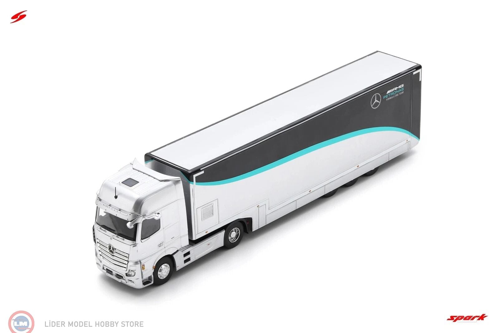 1:43 Spark Mercedes Benz ACTROS MP4 1851 TRUCK CAR TRANSPORTER TEAM MERCEDES-AMG PETRONAS F1 2023
