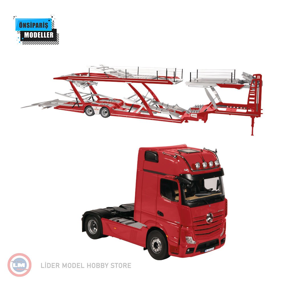 1:18 NZG 2019 Mercedes Benz Actros MP5 4x2 ve LOHR Araç Taşıyıcı Trailer Set Autotransporter Feuerrot