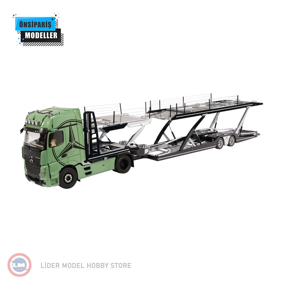 1:18 NZG 2019 Mercedes Benz Actros MP5 4x2 ve LOHR Araç Taşıyıcı Trailer Set Autotransporter olivgrün mit Stern