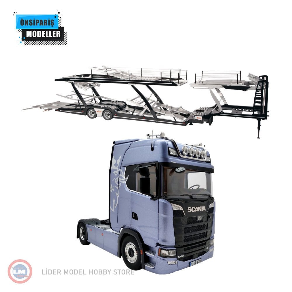 1:18 NZG 2017 Scania V8 730S 4x2 ve Araç Taşıyıcı Trailer Set fictionblue mit Greif Logo & Lohr Autotransporter