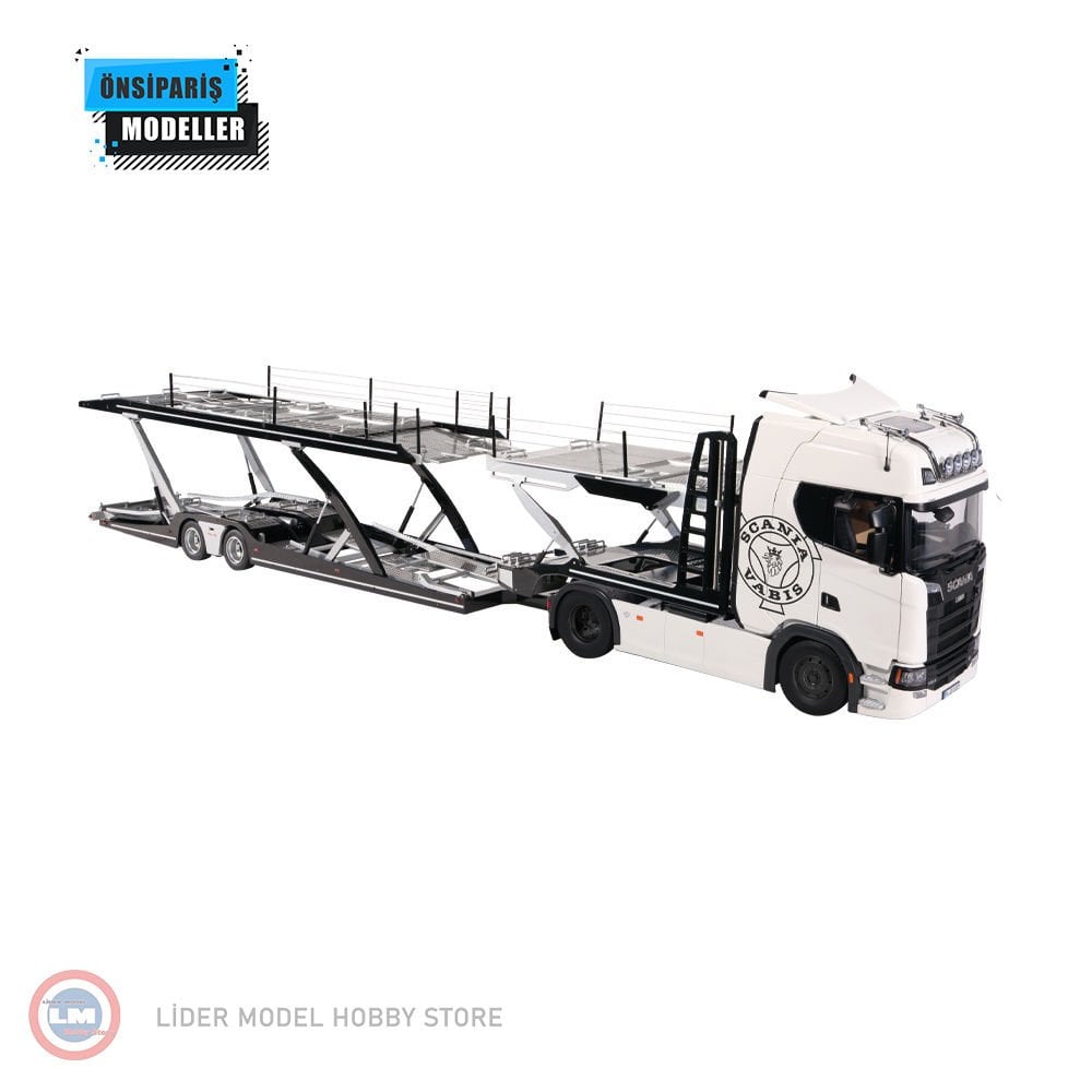 1:18 NZG 2017 Scania V8 730S 4x2 ve Araç Taşıyıcı Trailer Set  weiß mit Vabis Logo & Lohr Autotransporter