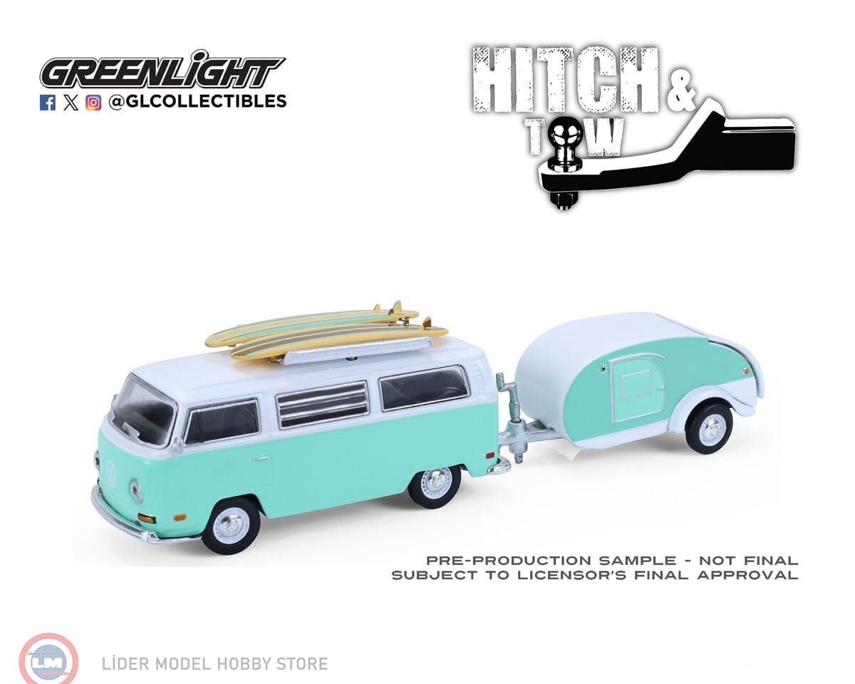 1:64 Greenlight 1971 Volkswagen Type 2 with surfboards and Teardrop Trailer