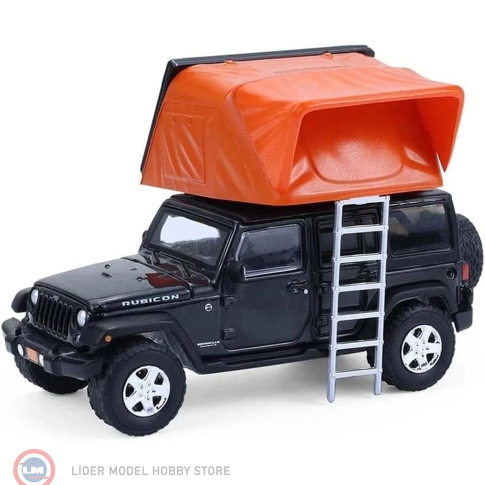 1:64 Greenligh 2008 Jeep Wrangler Unlimited Rubicon in Dark Charcoal with Modern Rooftop Camper