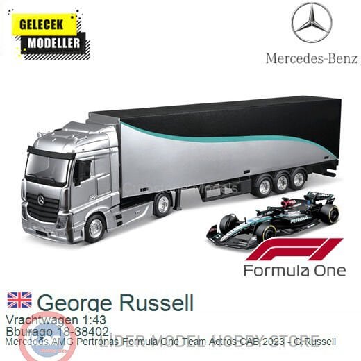 1:43 Burago 2024 Mercedes Benz ACTROS + TRAILER + W15 E PERFORMANCE #63 RUSSELL
