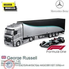 1:43 Burago 2024 Mercedes Benz ACTROS + TRAILER + W15 E PERFORMANCE #63 RUSSELL