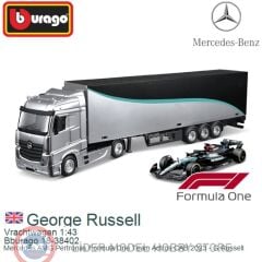 1:43 Burago 2024 Mercedes Benz ACTROS + TRAILER + W15 E PERFORMANCE #63 RUSSELL