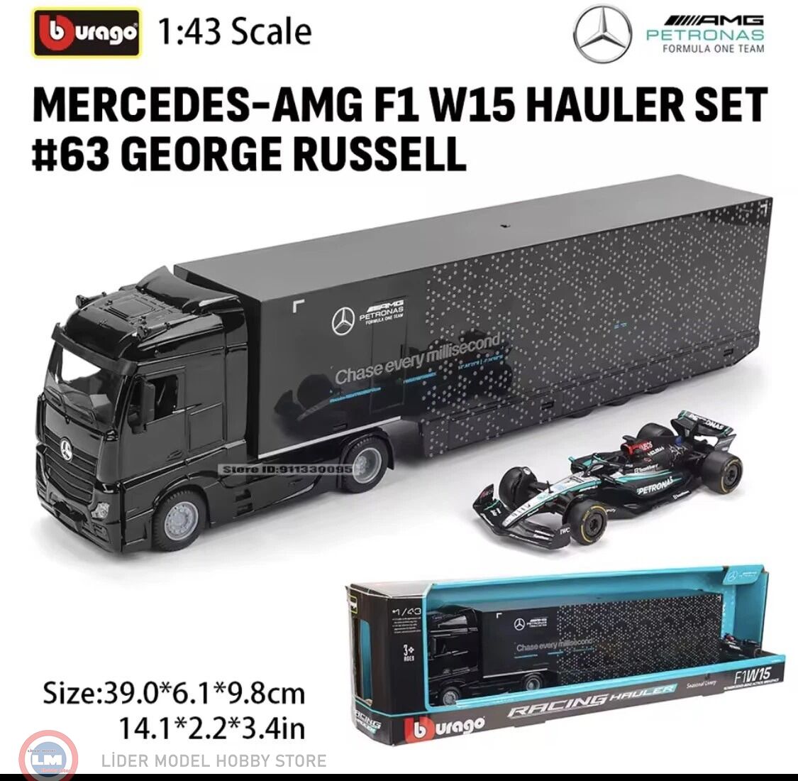 1:43 Burago 2024 Mercedes Benz ACTROS + TRAILER + W15 E PERFORMANCE #63 RUSSELL