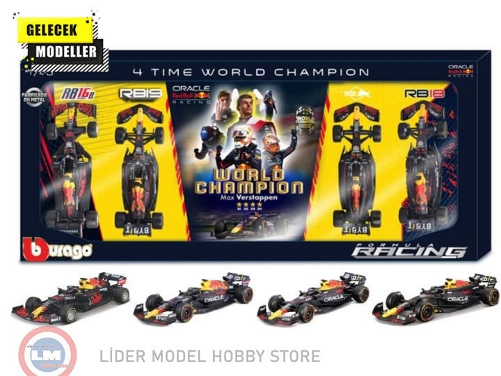 1:43 Burago Red Bull Racing F1 Set - 4 x World Champion Max Verstappen - RB16B - RB18 - RB19 - RB20