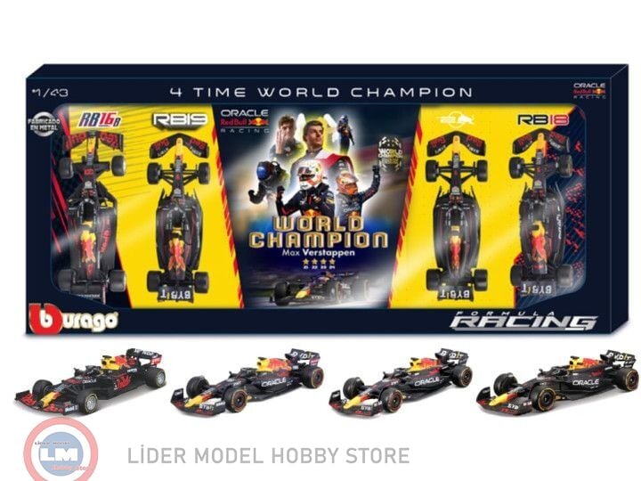 1:43 Burago Red Bull Racing F1 Set - 4 x World Champion Max Verstappen - RB16B - RB18 - RB19 - RB20