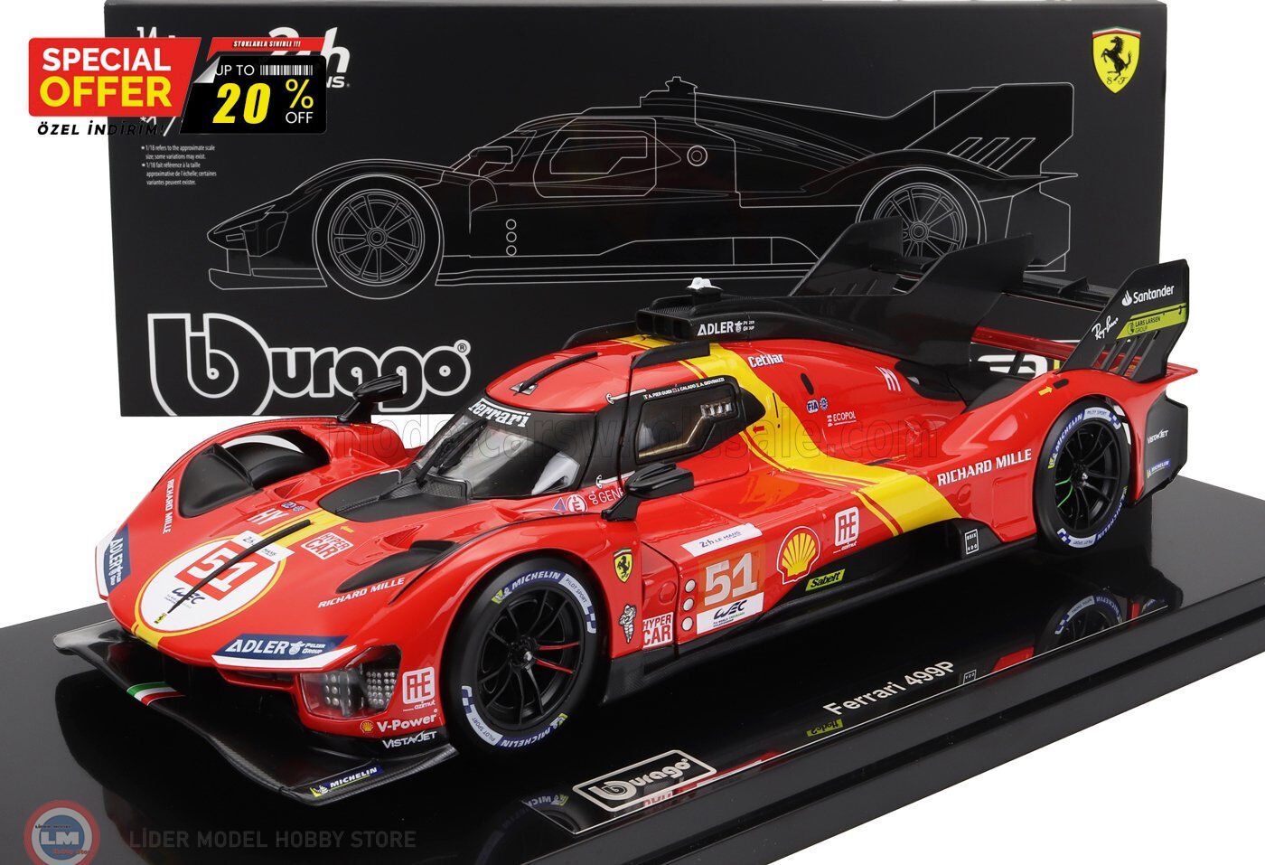 1:18 Burago 2023 Ferrari 499P 3.0L TURBO V6 #51 - WINNER LeMans with Showcase