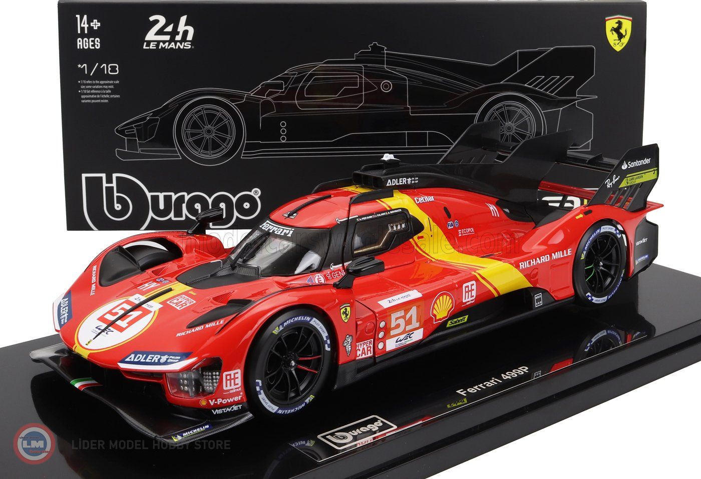 1:18 Burago 2023 Ferrari 499P 3.0L TURBO V6 #51 - WINNER LeMans with Showcase