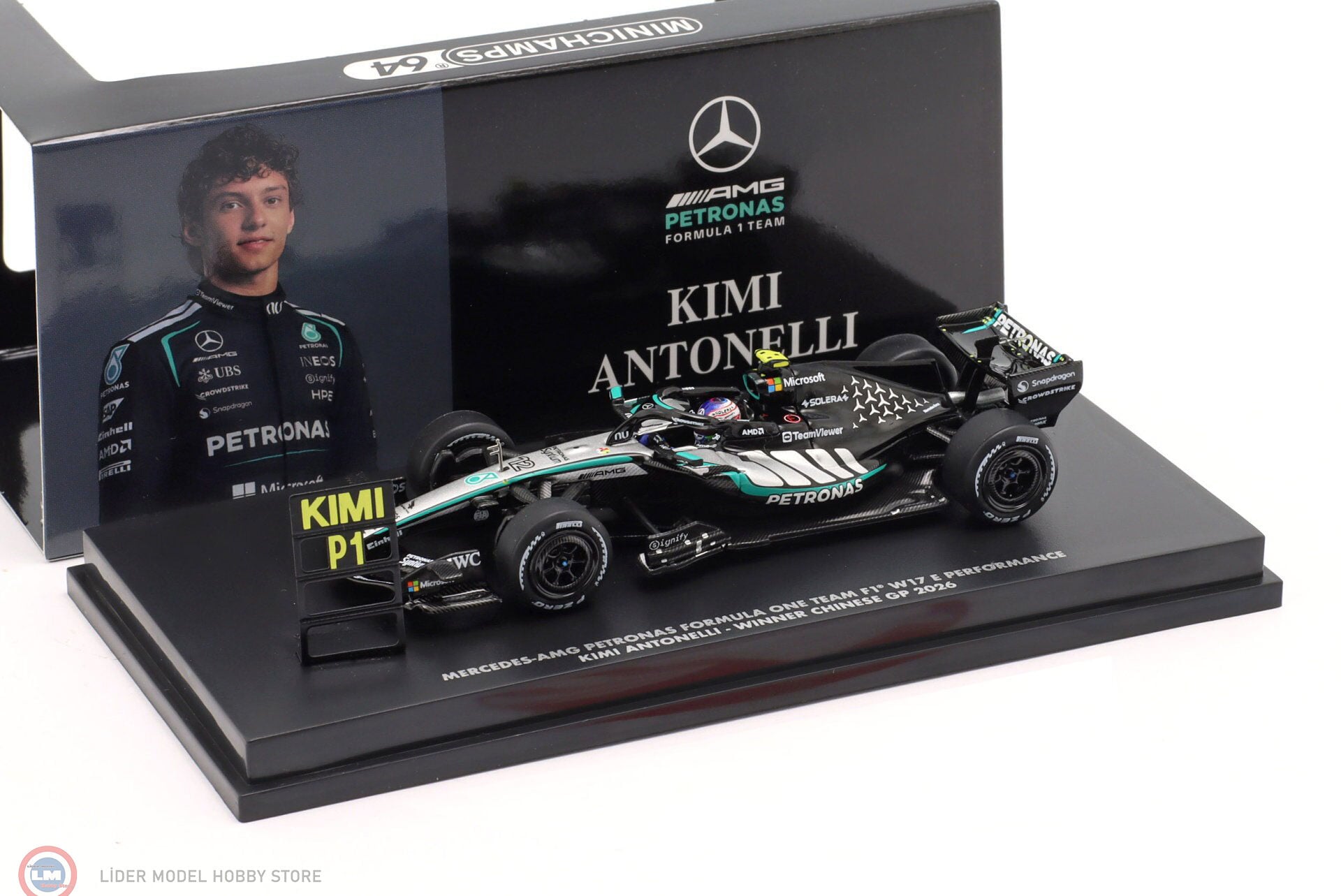 1:64 Minichamps Mercedes Benz AMG #12 PETR. F1 TEAM W17 – WINNER CHINESE GP 2026 WPITBOARD Formula 1