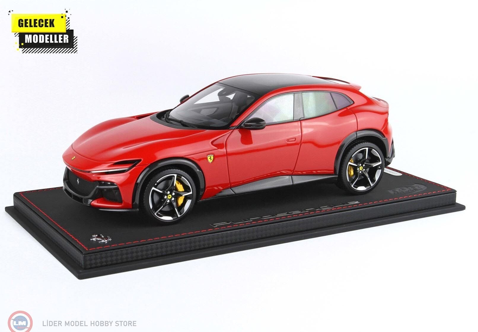 1:18 BBR Ferrari Purosangue - panoramic roof and dove-grey interior Red Corsa with gloss carbon fiber & Showcase