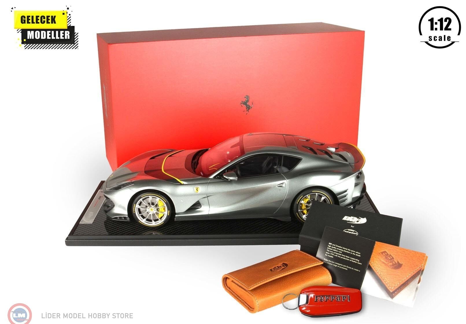1:12 BBR 2021 Ferrari 812 Competizione - Coburn gray Spare Key case Cuoio Schedoni included