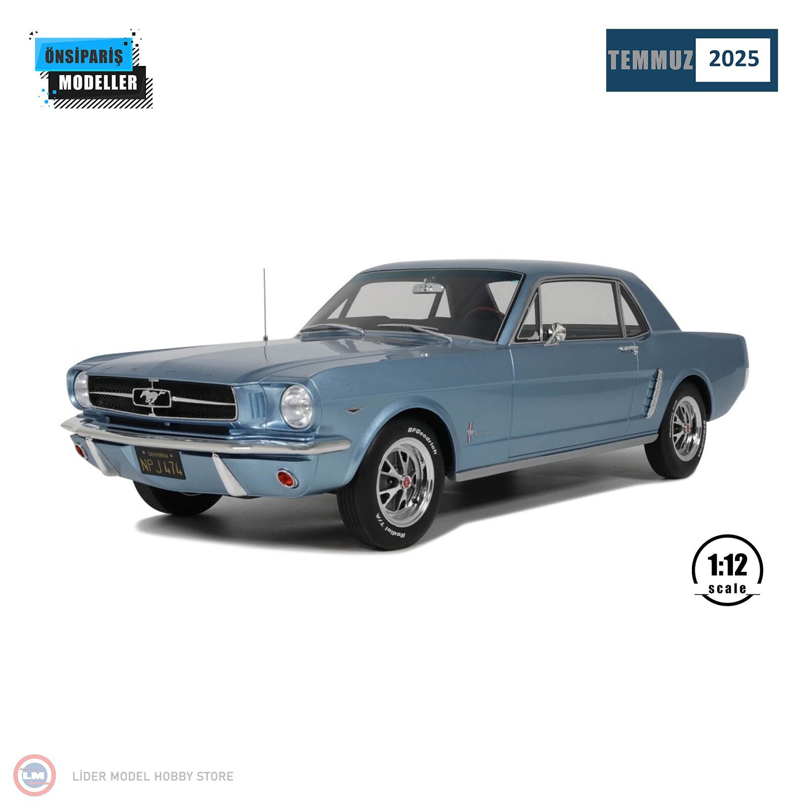 1:12 1965 Ford Mustang V8 Hardtop Silver Blue Pony