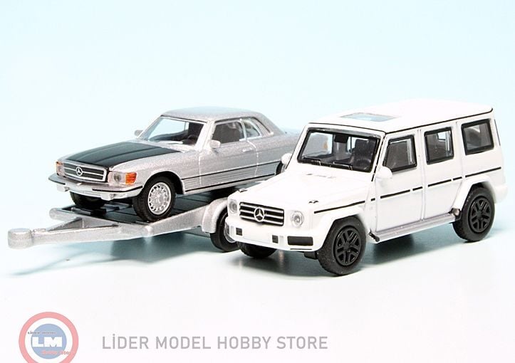 1:87 Schuco 2018 Mercedes Benz G-Class W464 with trailer and Mercedes Benz 450 SLC
