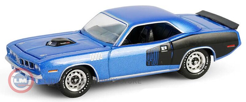 1:64 Greenlight 1971 Plymouth Cuda 440 6bbl Shaker in B5 Blue Cuda 60th Anniversary