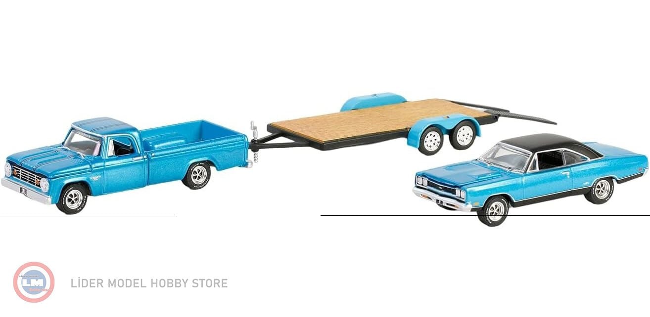 1:64 Greenlight 1969 Plymouth GTX with 1967 Dodge D200 and Flatbed Trailer Graveyard Carz TV Series